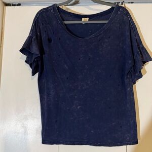 True Craft Navy Blue Ruffle Sleeve Distressed T-Shirt